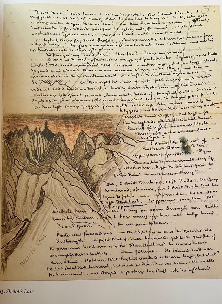 Tolkien's drawing, Shelob's Lair, which shows the stairs to Shelob's Lair in the bottom right, then an entrance to a tunnel, and more stairs above leading to the Tower of Cirith Ungol in the distance, appearing as a dark tower on the other side of the mountain pass. Text is written above and then around the irregular margins of the image. From The Art of the Lord of the Rings, Hammond & Scull, page 125, fig. 93.