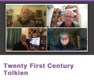 A screenshot of the 4 people on the "Twenty-first Century Tolkien" panel, including John Howe, Dimitra Fimi, Nick Groom, and Adam Roberts, along with the URL for the recorded talk at https://living-knowledge-network.co.uk/library/Tolkien-21.